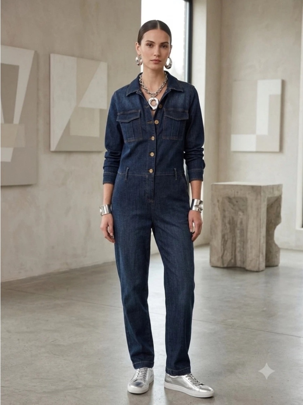 BCBG Dark Blue Denim Utility Jumpsuit